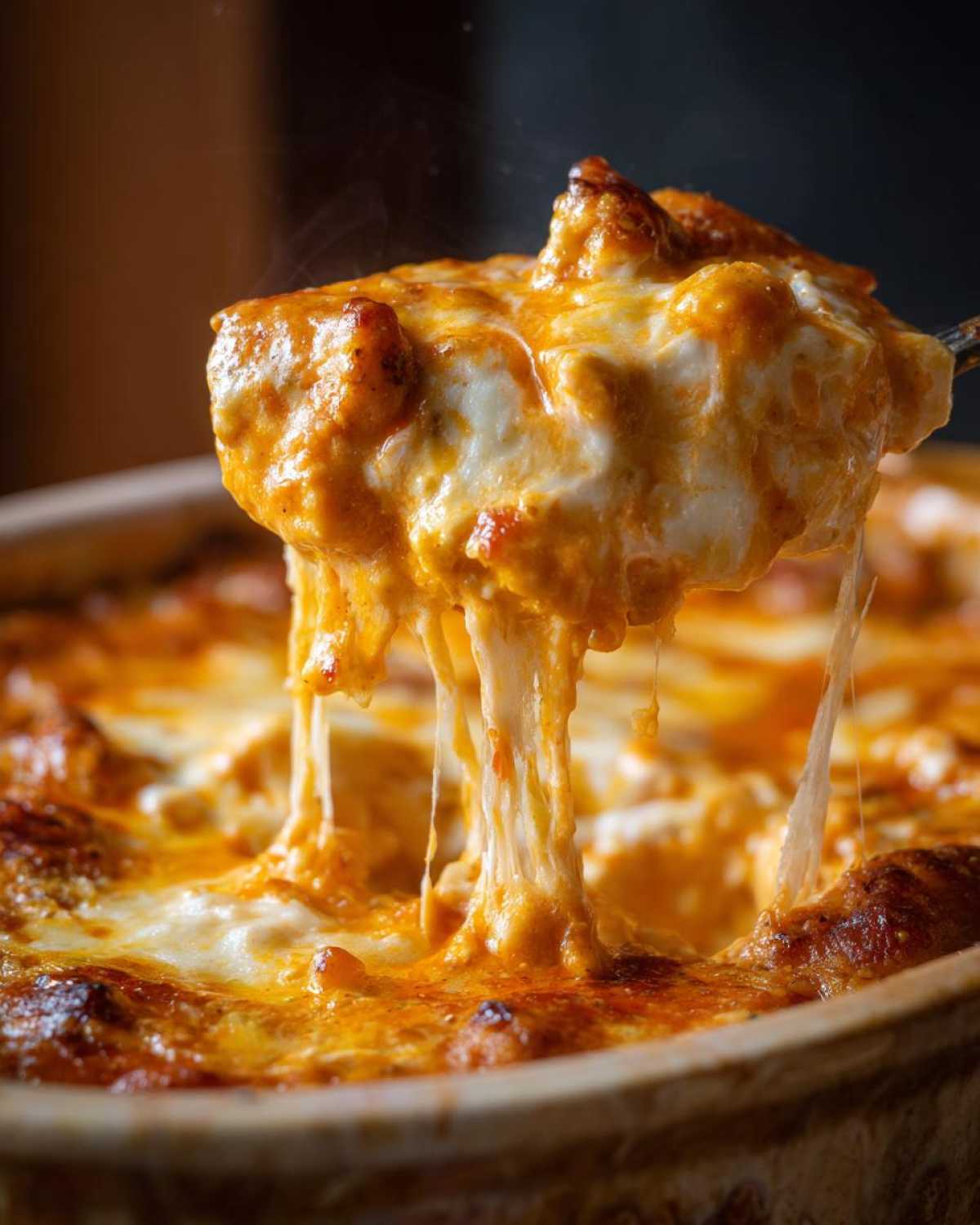 Close-up of a spoonful of cheesy crockpot buffalo chicken dip with melted cheese pulling away.