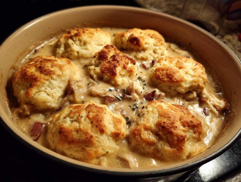A pot of creamy crockpot chicken and dumplings with golden brown biscuit dumplings on top.