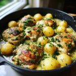 Close-up of crockpot garlic parmesan chicken and potatoes in a cast iron skillet, garnished with parsley.