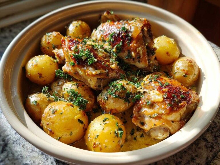 Delicious crockpot garlic parmesan chicken and potatoes in a serving dish, garnished with fresh herbs.