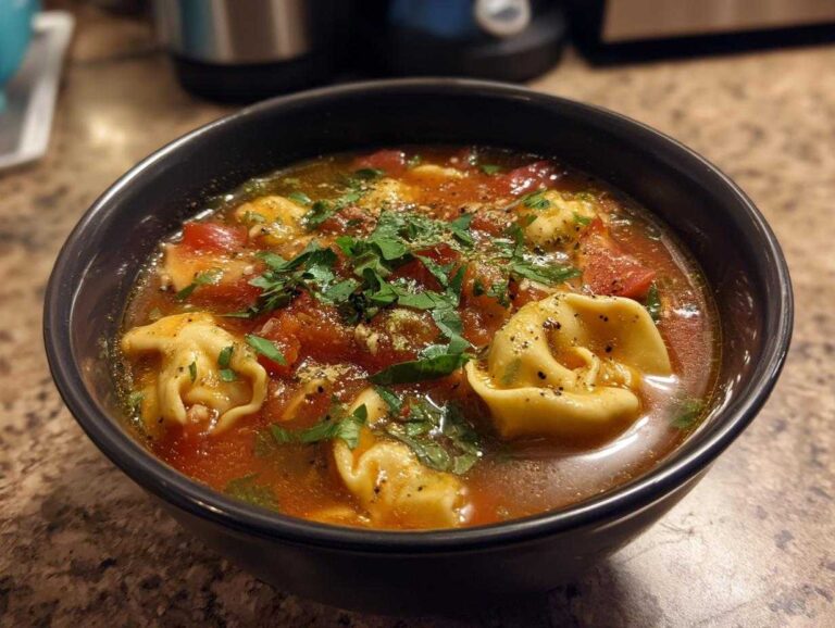 A bowl of crockpot tomato tortellini soup, garnished with fresh herbs and cracked pepper.