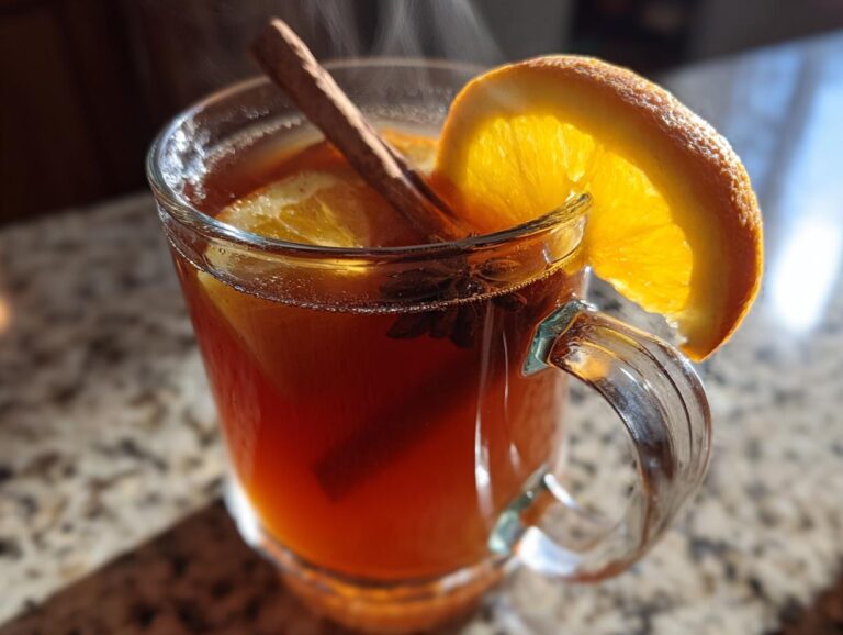 Close-up of Dutch oven apple cider in a glass mug, garnished with orange slice and cinnamon stick.