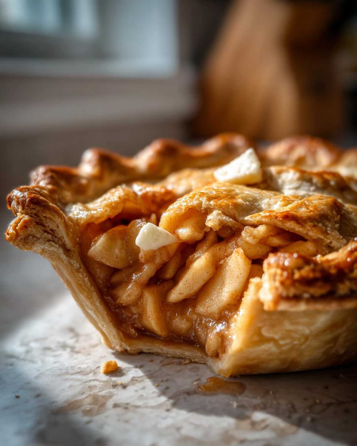 A close-up of a partially eaten apple pie showcasing the freezer apple pie filling and flaky crust.