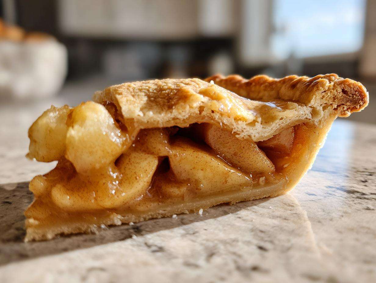 A close-up of a slice of apple pie showcasing the delicious Freezer apple pie filling.