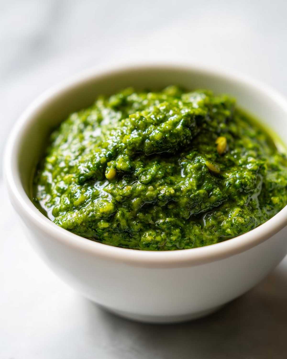 Close-up of vibrant green basil pesto in a small white bowl, showcasing its texture and fresh ingredients.