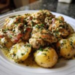 A plate of garlic parmesan crockpot chicken and potatoes, garnished with fresh herbs.