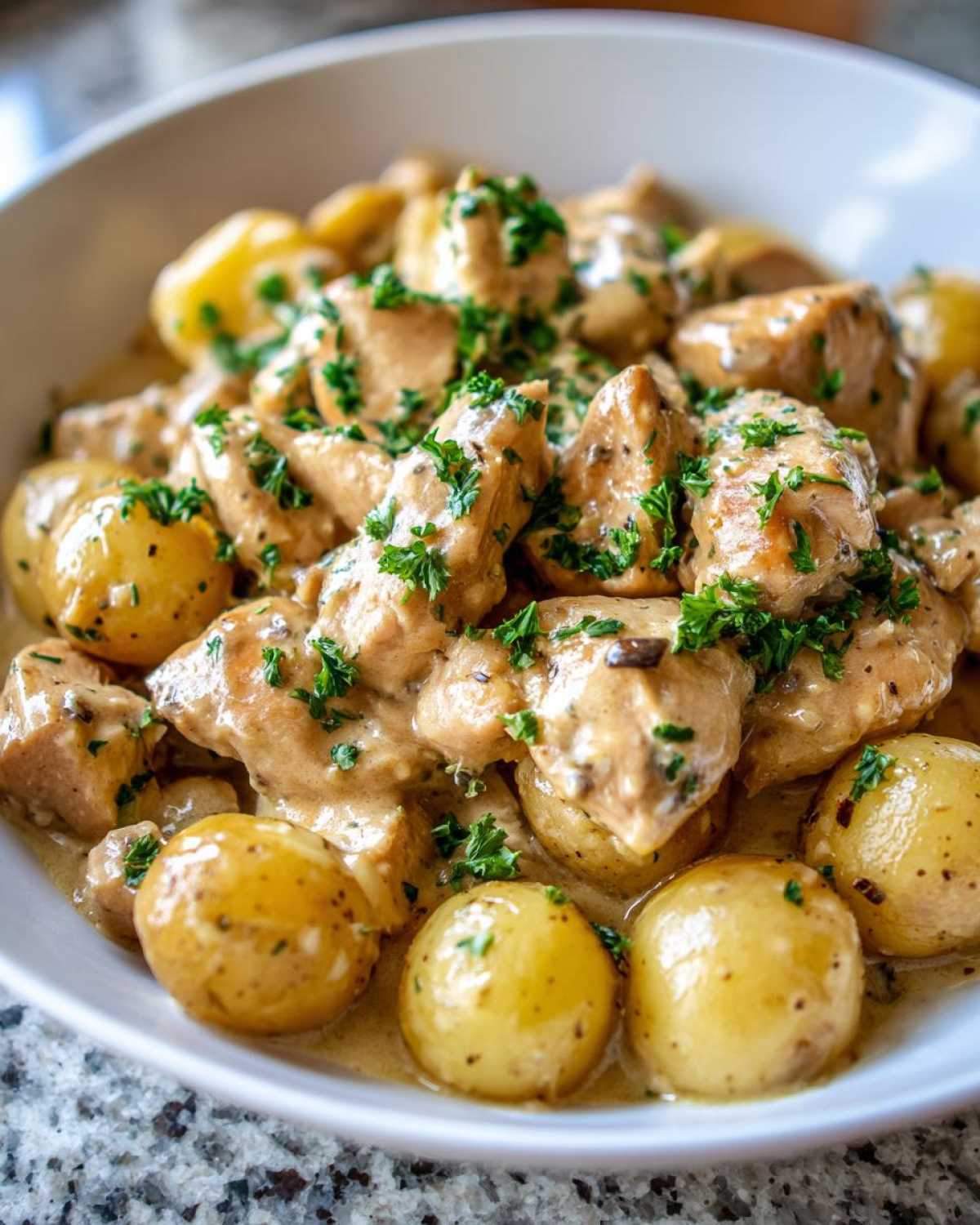 A bowl of creamy garlic parmesan crockpot chicken and potatoes, garnished with fresh parsley.