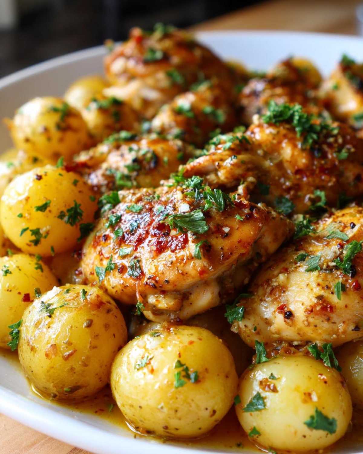 Close-up of garlic parmesan crockpot chicken and potatoes, garnished with fresh parsley.