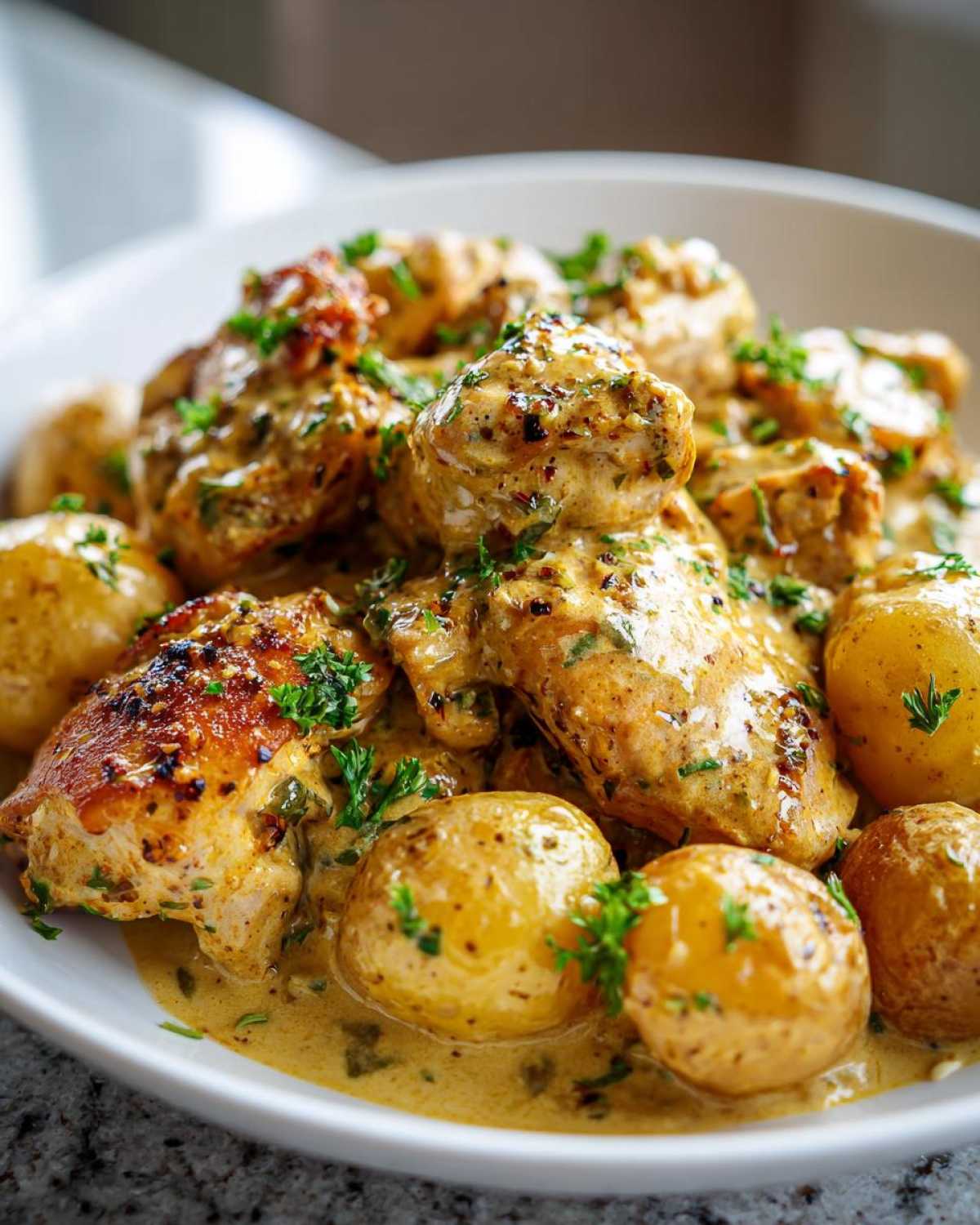 A delicious plate of garlic parmesan crockpot chicken and potatoes, garnished with fresh parsley.