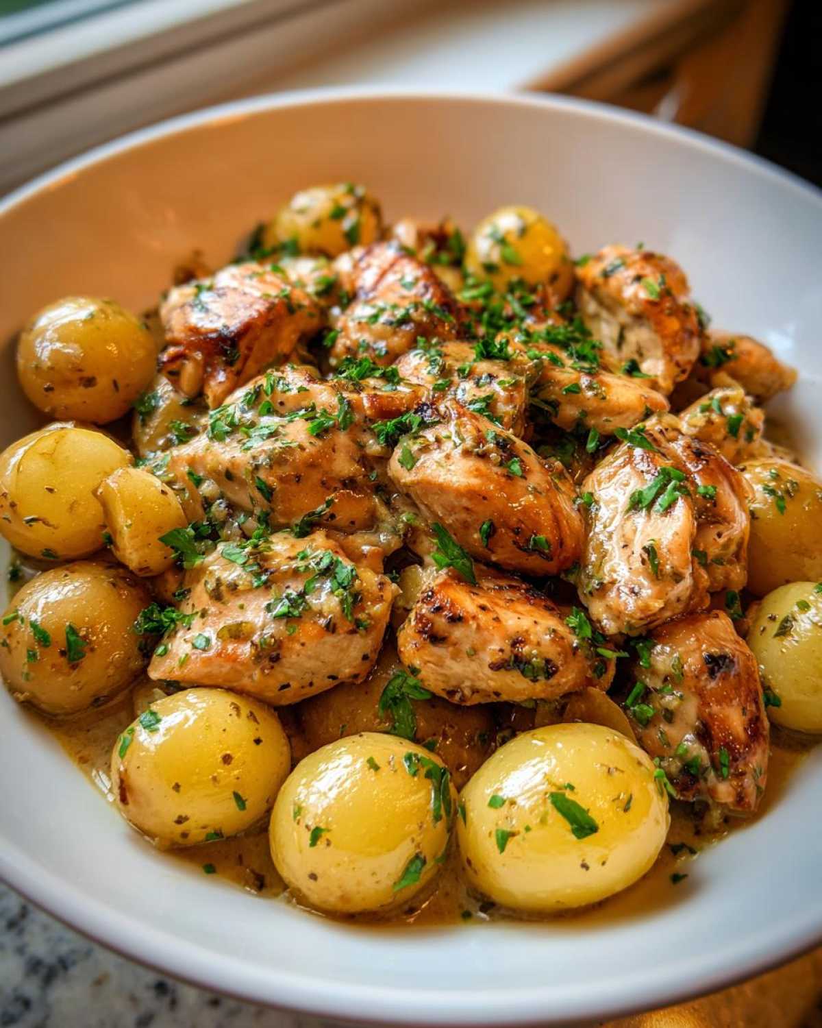 A bowl of garlic parmesan crockpot chicken and potatoes, garnished with fresh parsley.
