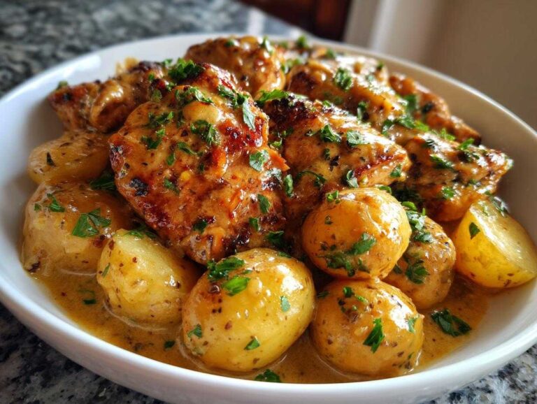 A bowl of garlic parmesan crockpot chicken and potatoes, garnished with fresh parsley.