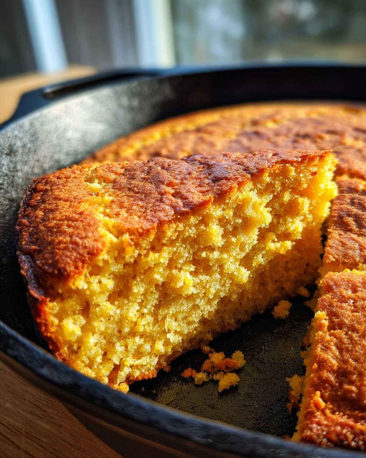 A slice of golden cornbread, baked in a cast iron skillet, is shown close-up with a warm, inviting texture.