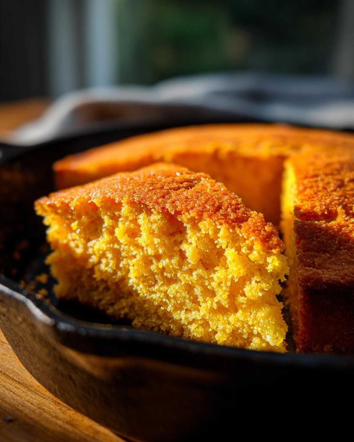 A slice of golden cornbread sits in a black cast iron skillet, showcasing its moist texture and golden crust.