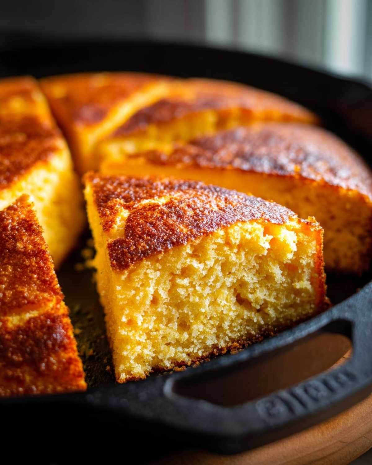 Close-up of golden cornbread slices in a cast iron skillet, showcasing its texture and color.