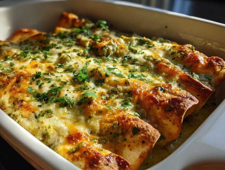 Close-up of Green chile chicken enchiladas in a baking dish, topped with melted cheese and fresh parsley.