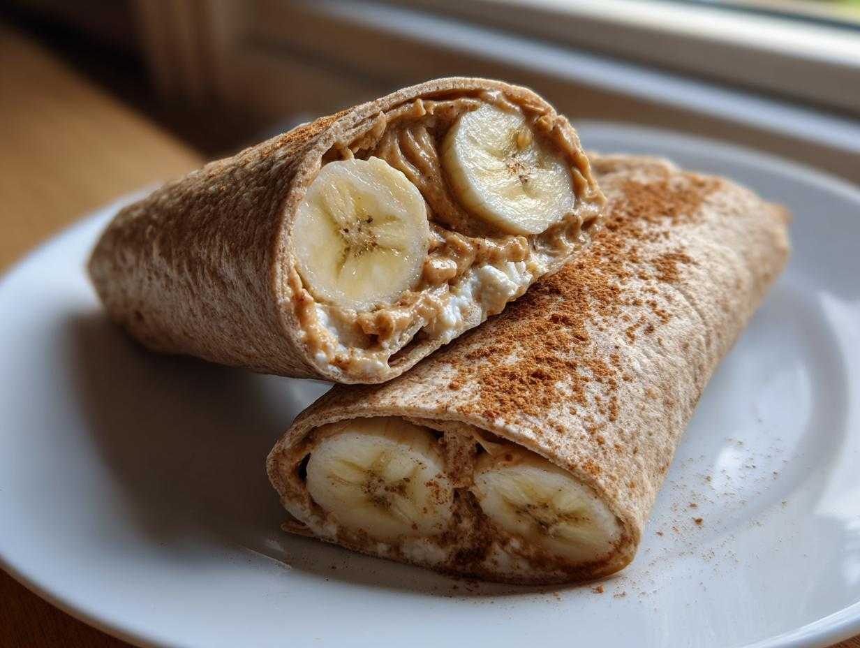 Two high protein banana roll-ups on a white plate, showing banana slices, peanut butter, and cinnamon.