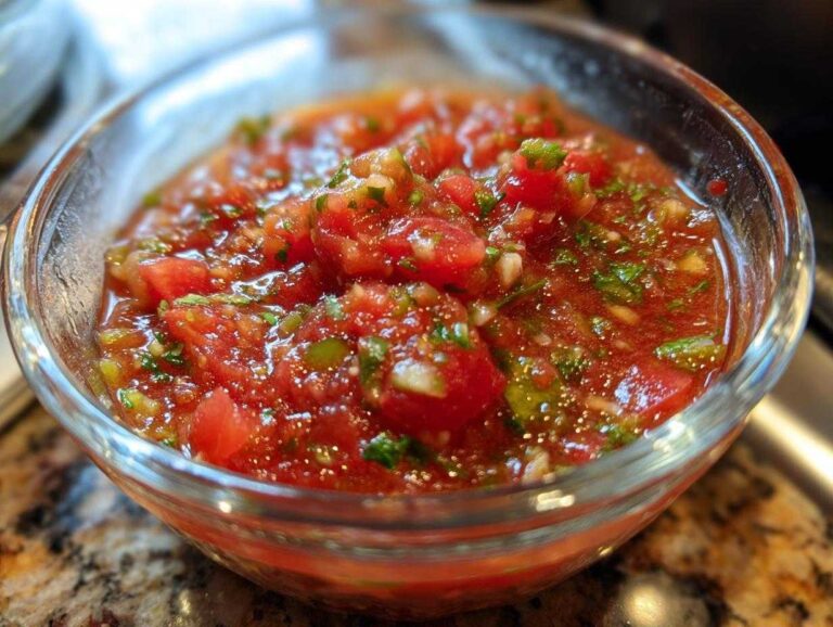 Close-up of vibrant homemade salsa in a clear glass bowl, featuring diced tomatoes, cilantro, and peppers.