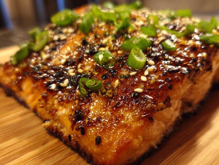 Close-up of honey garlic salmon air fryer recipe, glistening with glaze and garnished with sesame seeds and green onions.