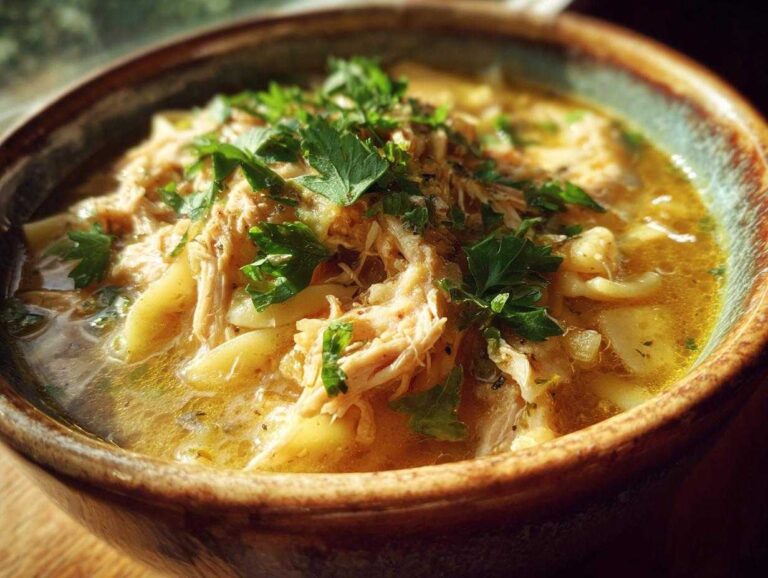 A comforting bowl of Italian penicillin soup with shredded chicken, pasta, and fresh parsley garnish.