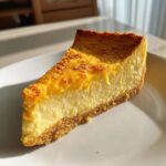 A delicious slice of Keto pumpkin cheesecake with a golden crust, served on a white plate.
