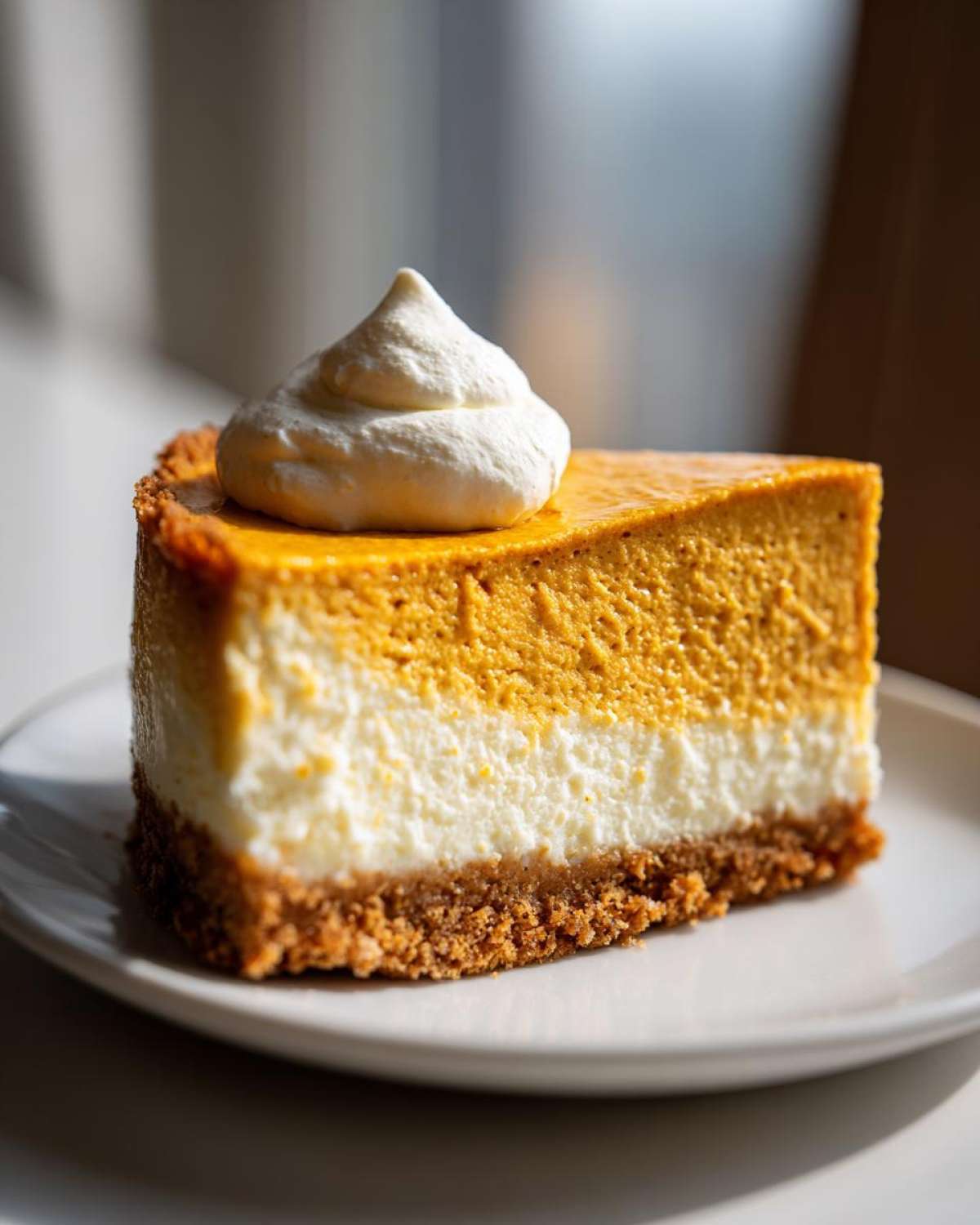 A delicious slice of Keto pumpkin cheesecake with a graham cracker crust and whipped cream topping.
