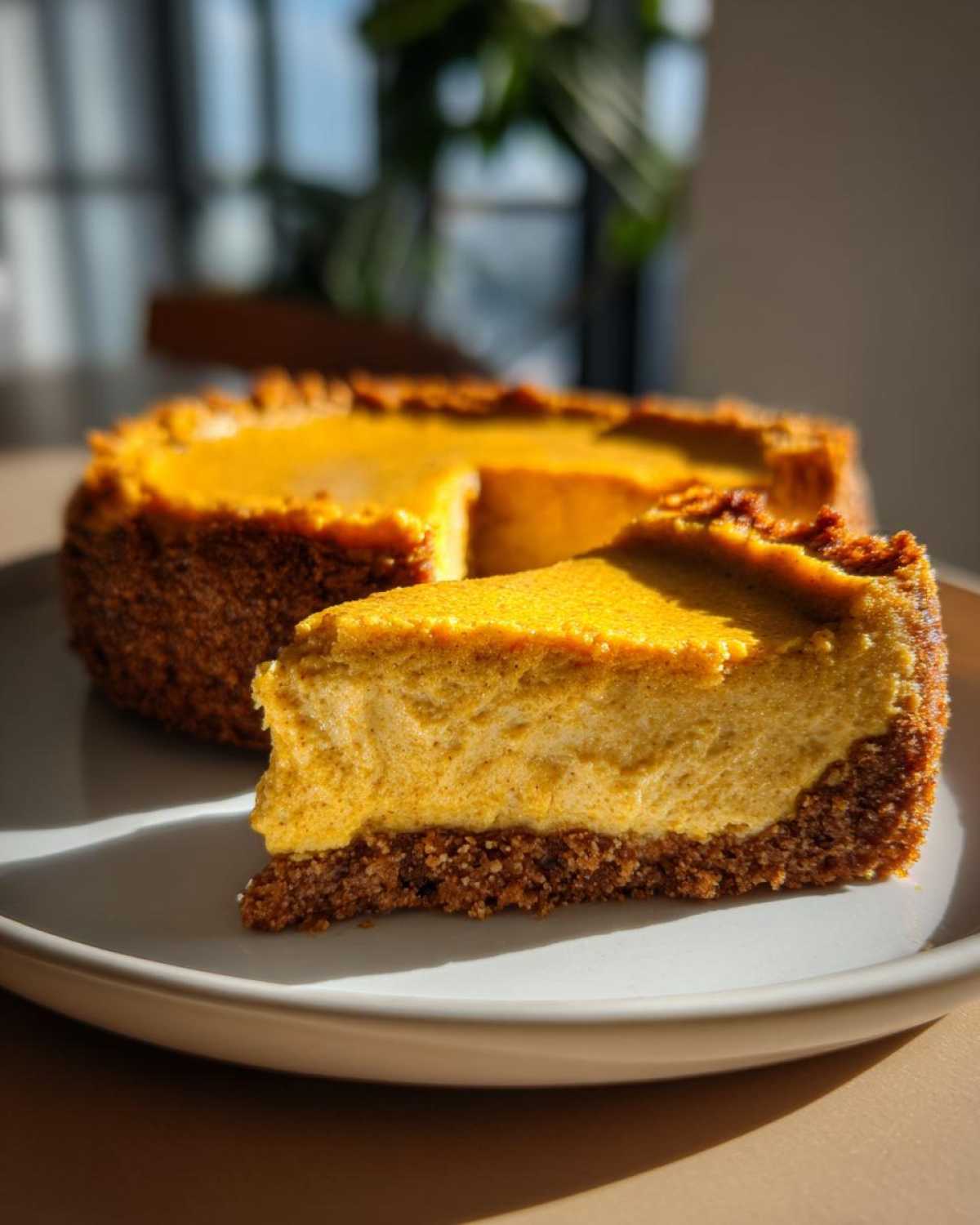 A slice of keto pumpkin cheesecake with a graham cracker crust on a white plate, next to the full cheesecake.