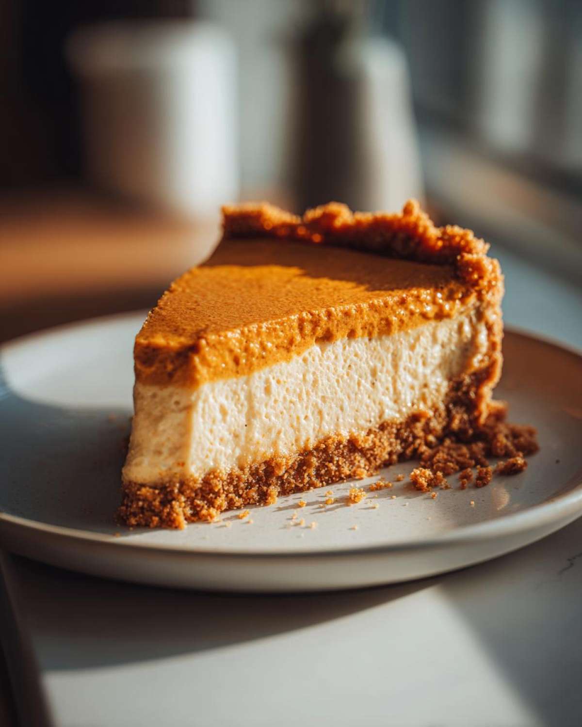 A delicious slice of Keto pumpkin cheesecake with a graham cracker crust, pumpkin filling, and creamy cheesecake layer.