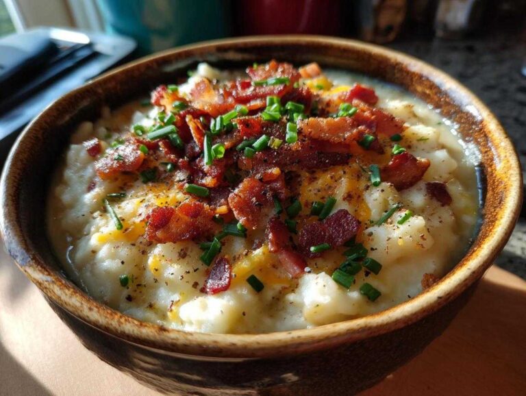 A bowl of creamy loaded baked potato soup topped with bacon and chives.
