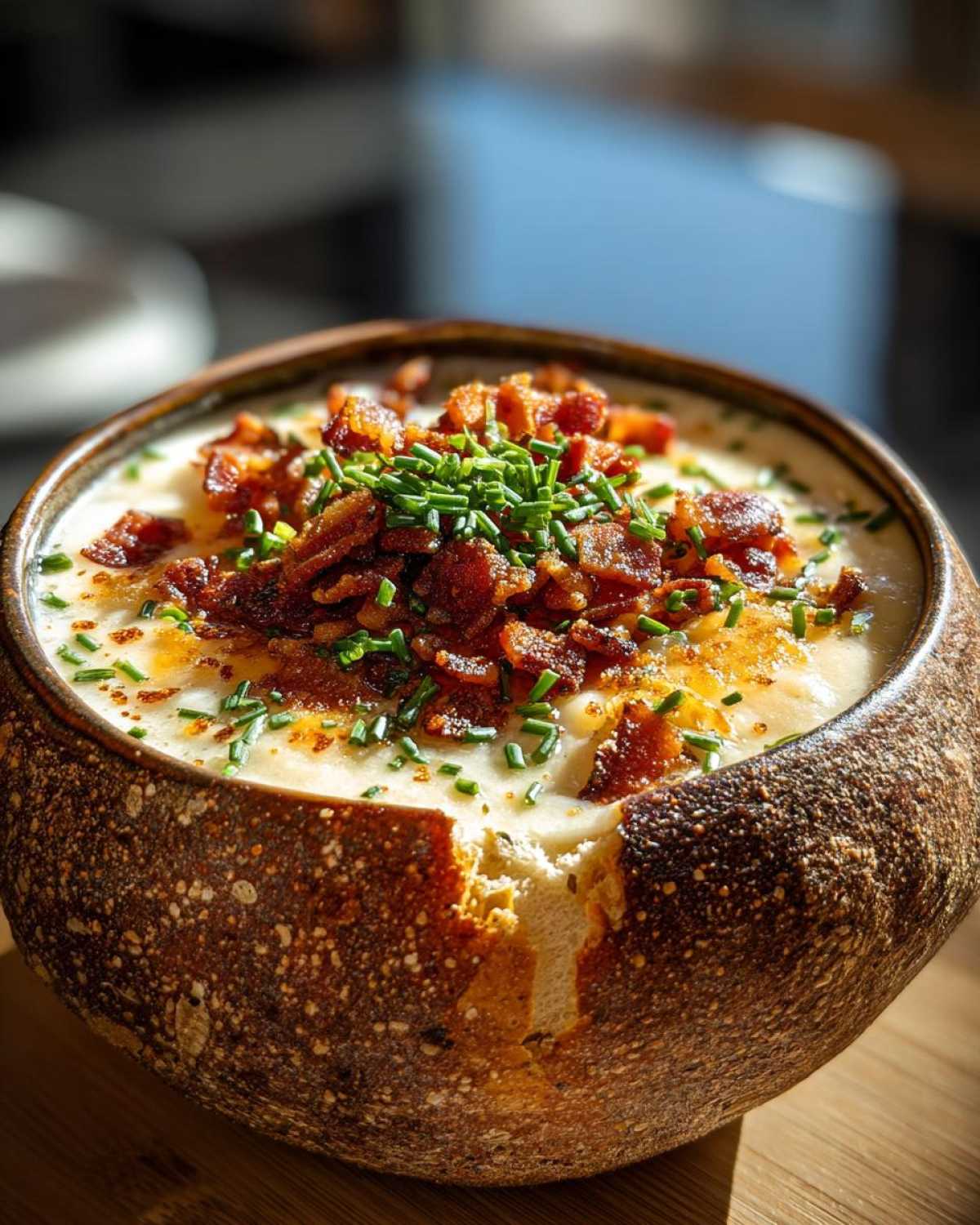 A bowl of loaded baked potato soup served in a bread bowl, topped with bacon and chives.
