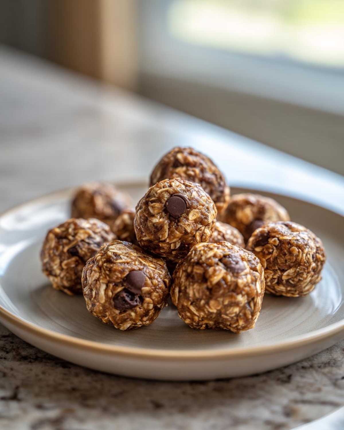 A plate of homemade oatmeal protein balls, some topped with chocolate chips, ready to eat.