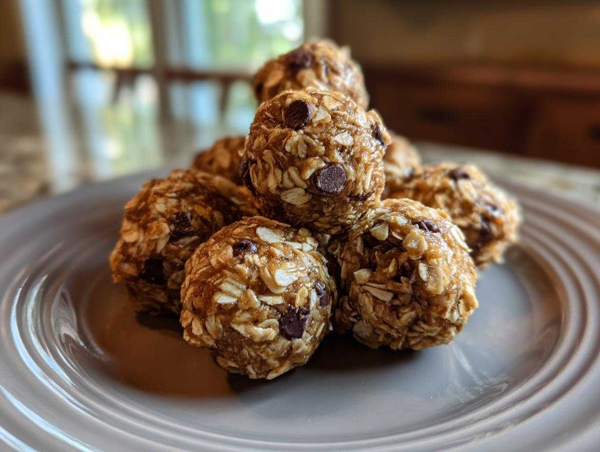 A stack of delicious homemade oatmeal protein balls with chocolate chips on a gray plate.