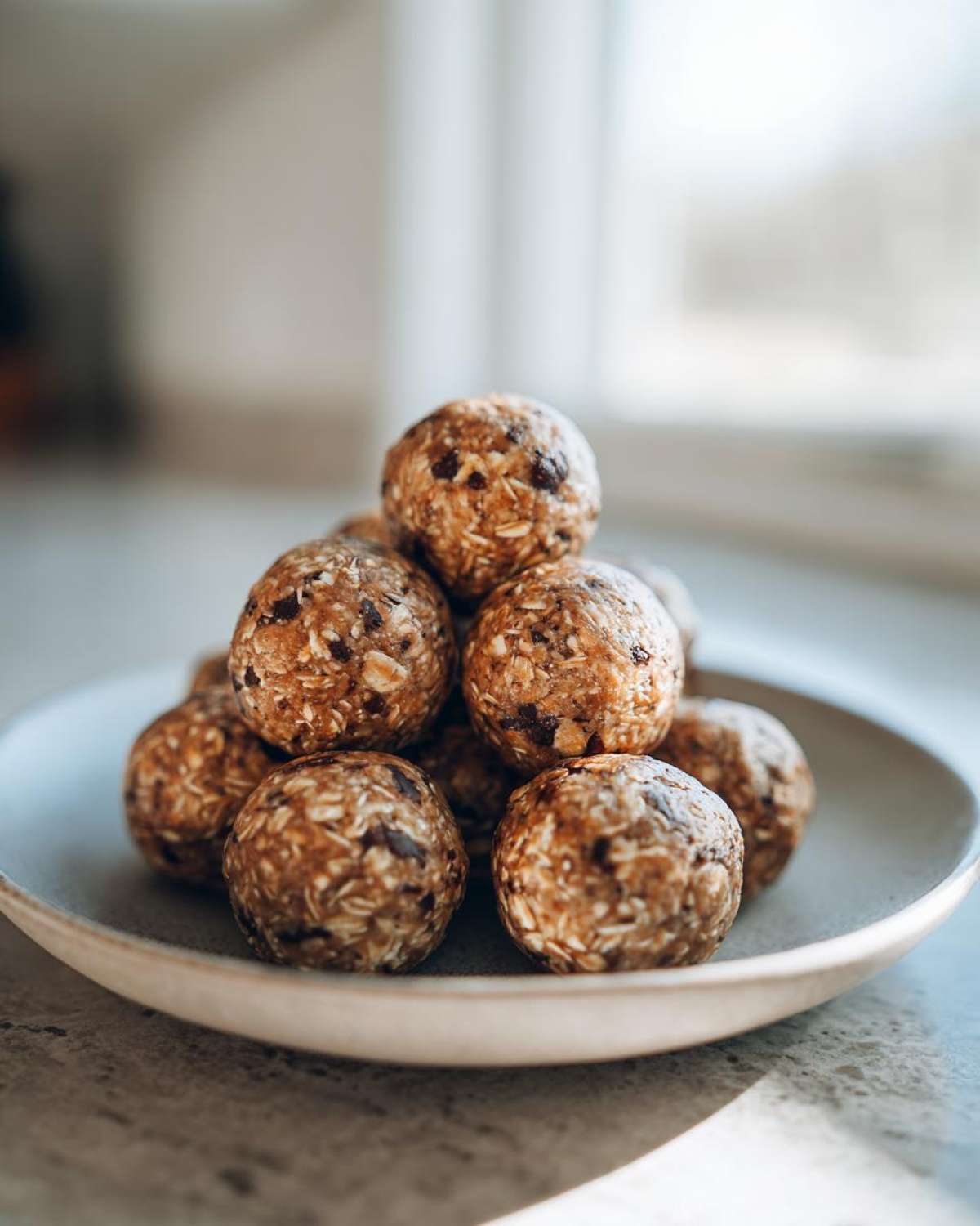 A stack of homemade oatmeal protein balls with visible oats and chocolate chips on a light gray plate.