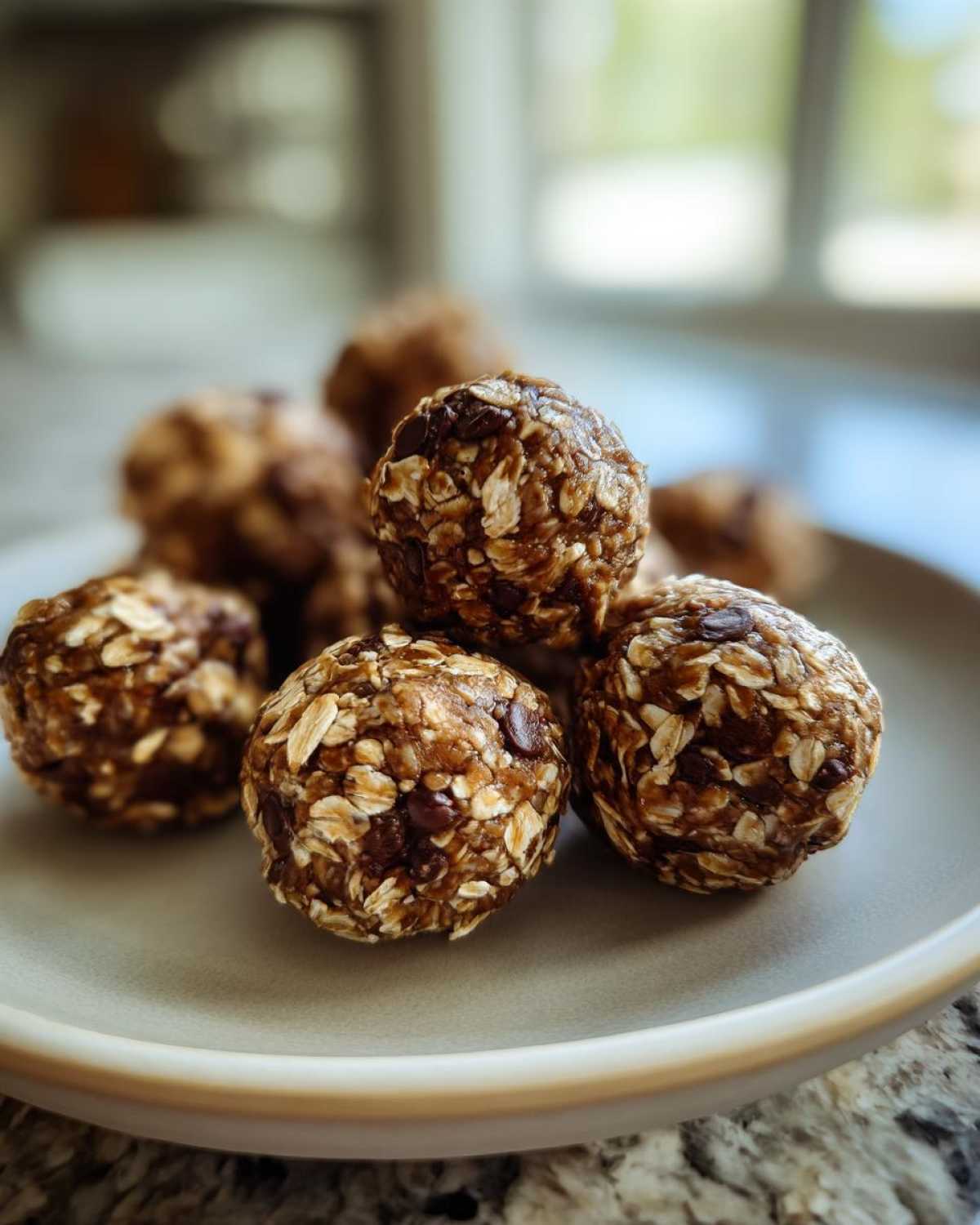 A close-up of several oatmeal protein balls with chocolate chips, stacked on a light gray plate.