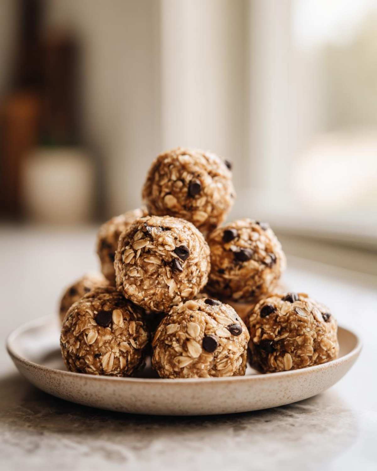 A stack of homemade oatmeal protein balls with chocolate chips on a small plate, ready to eat.
