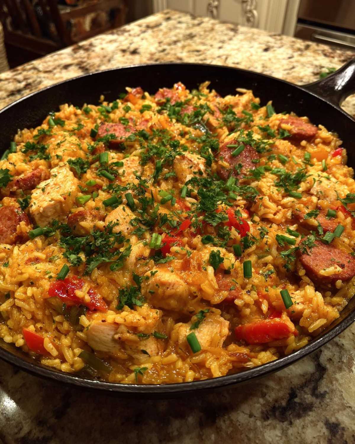 A skillet filled with flavorful one pan jambalaya, featuring chicken, sausage, rice, and vegetables.