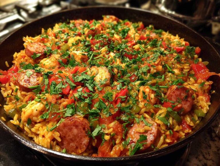 A flavorful one pan jambalaya with sausage, shrimp, rice, peppers, and herbs, ready to serve.