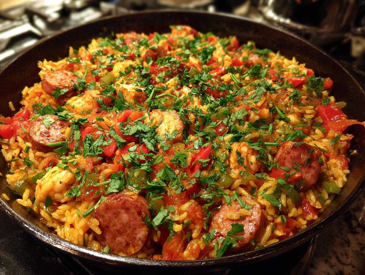 A flavorful one pan jambalaya with sausage, shrimp, rice, peppers, and herbs, ready to serve.