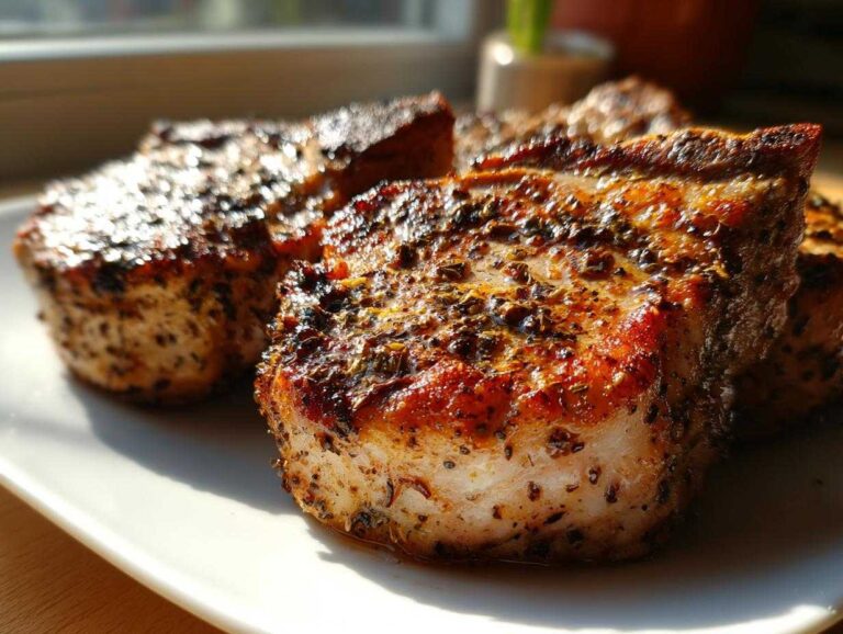 Close-up of seasoned oven baked pork chops on a white plate, showcasing their juicy texture and golden-brown crust.