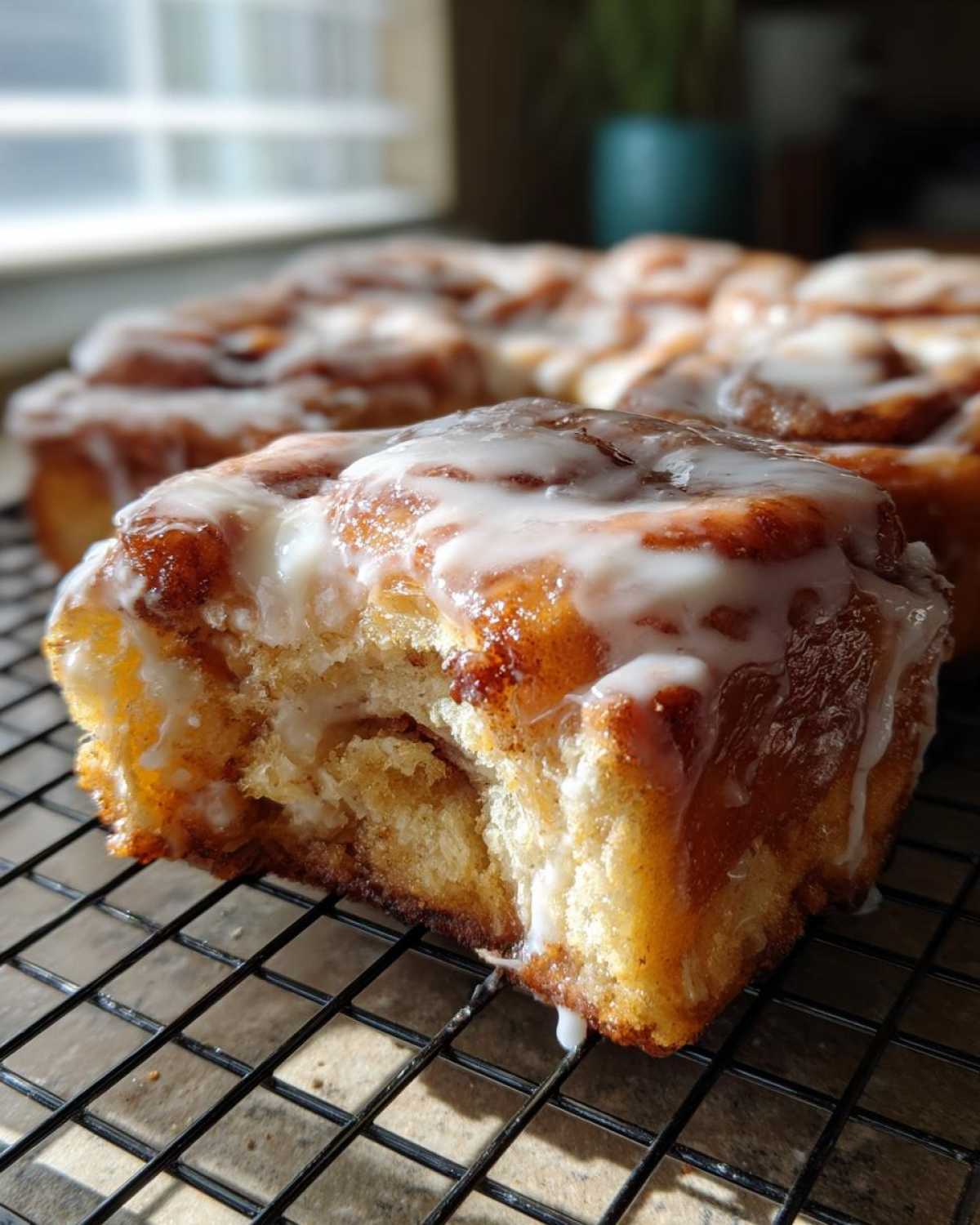 Close-up of a gooey pumpkin cinnamon roll bake with icing on a wire rack.