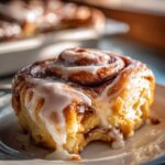 Close-up of a single iced pumpkin cinnamon roll bake on a plate, with a bite taken out.