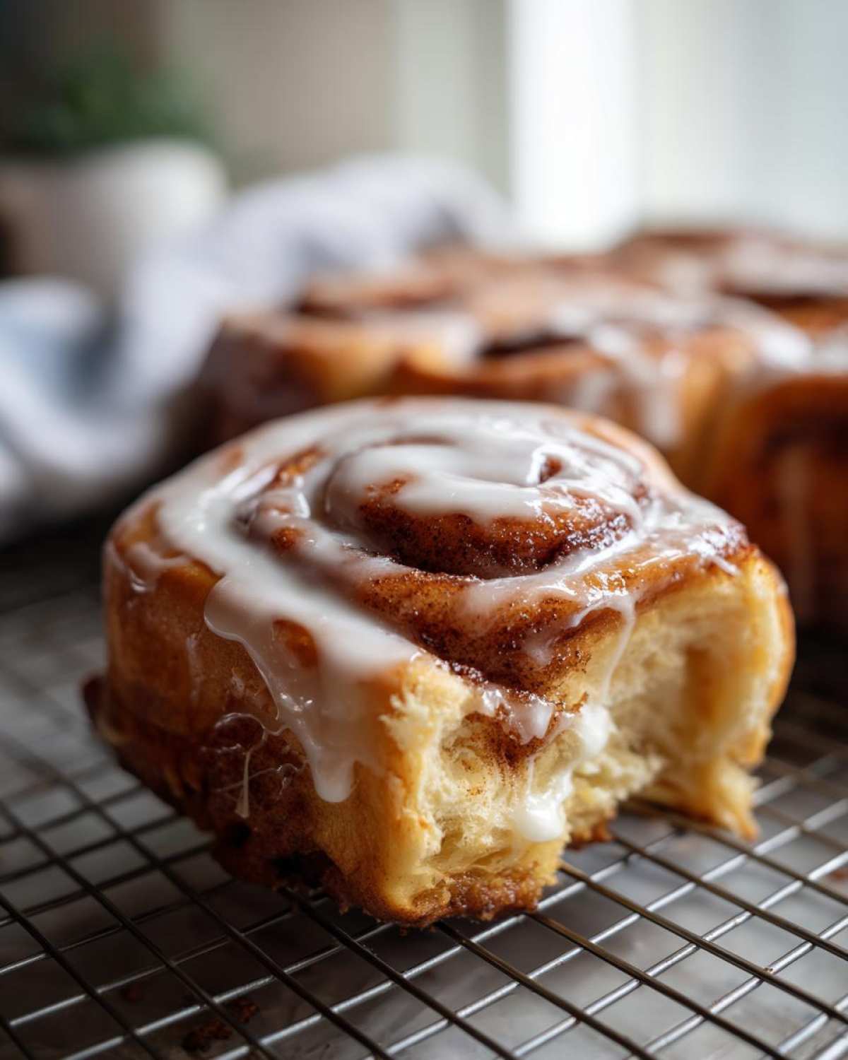 Close-up of a pumpkin cinnamon roll bake with a bite taken out, revealing the soft dough and cinnamon filling.