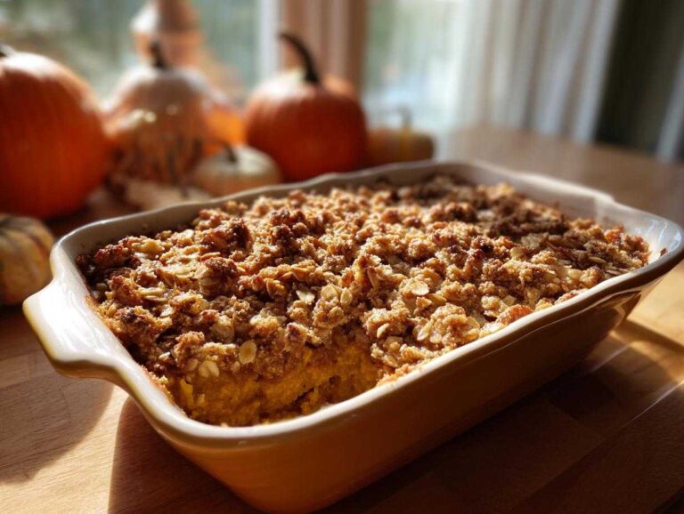 A freshly baked pumpkin oatmeal dump cake in a baking dish, with pumpkins in the background for a fall theme.