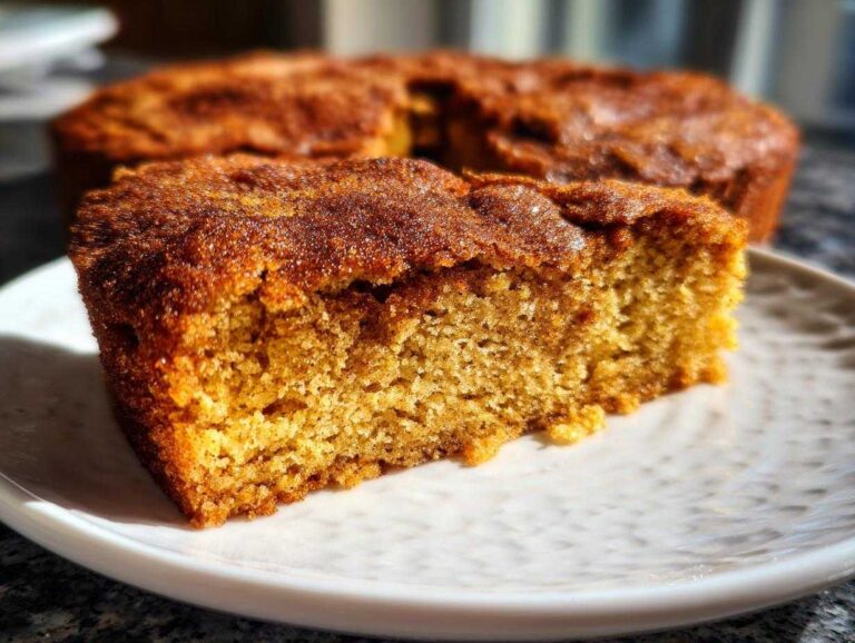 A slice of pumpkin snickerdoodle snack cake on a white plate, with the rest of the cake in the background.