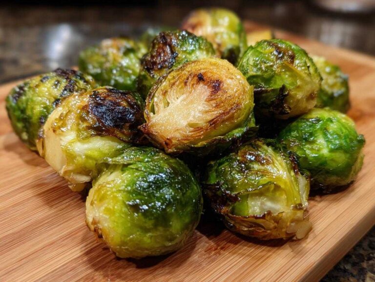 Close-up of perfectly Roasted Brussels sprouts with crispy edges, piled on a wooden cutting board.