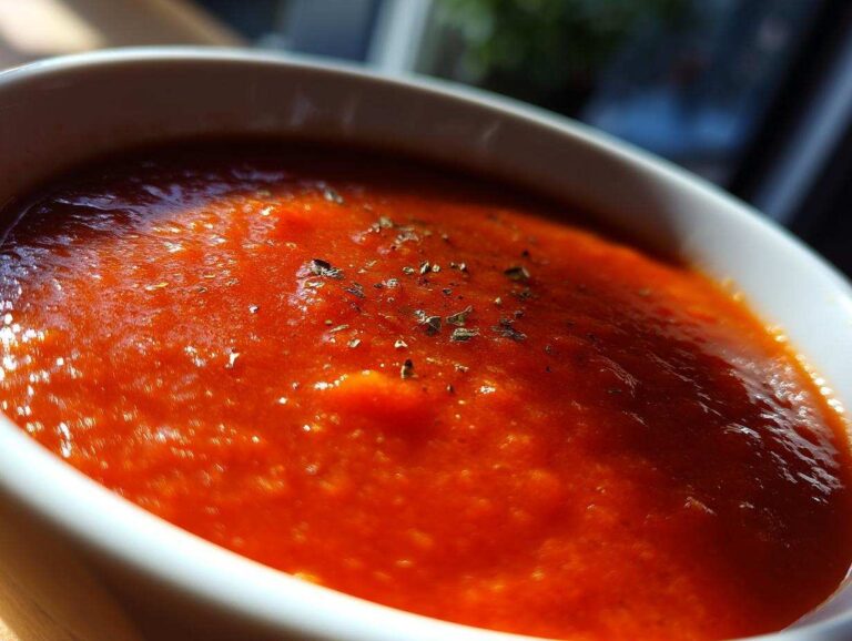 Close-up of a bowl of vibrant Roasted tomato basil soup, garnished with herbs.