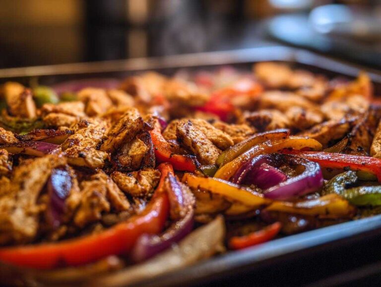 Close-up of sheet pan chicken fajitas with colorful bell peppers and onions, ready to serve.