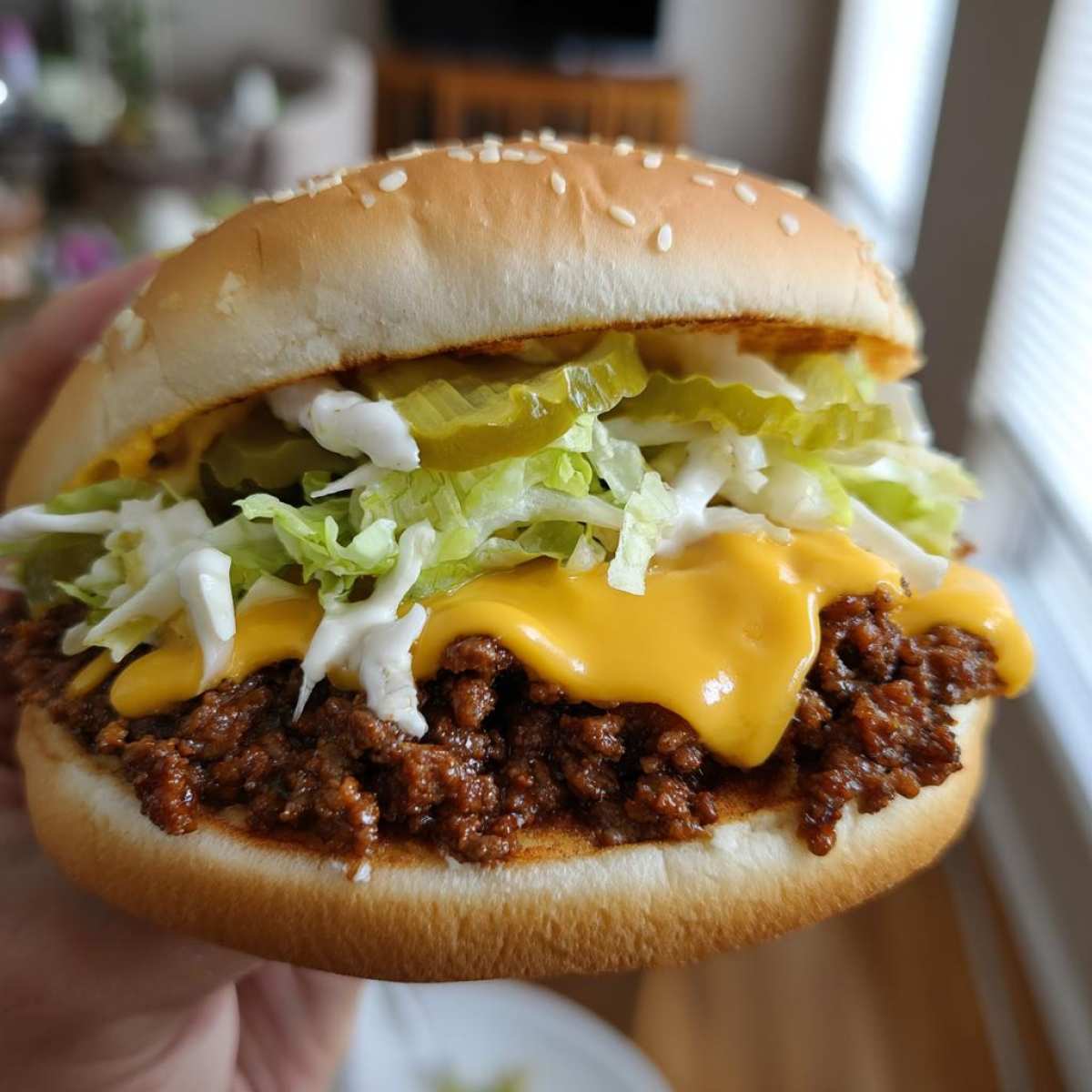 A juicy sloppy joe with melted cheese, lettuce, pickles, and Basil pesto sauce on a sesame seed bun.