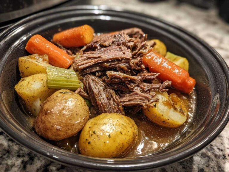 A bowl of tender slow cooker pot roast with carrots, potatoes, and celery in a rich gravy.