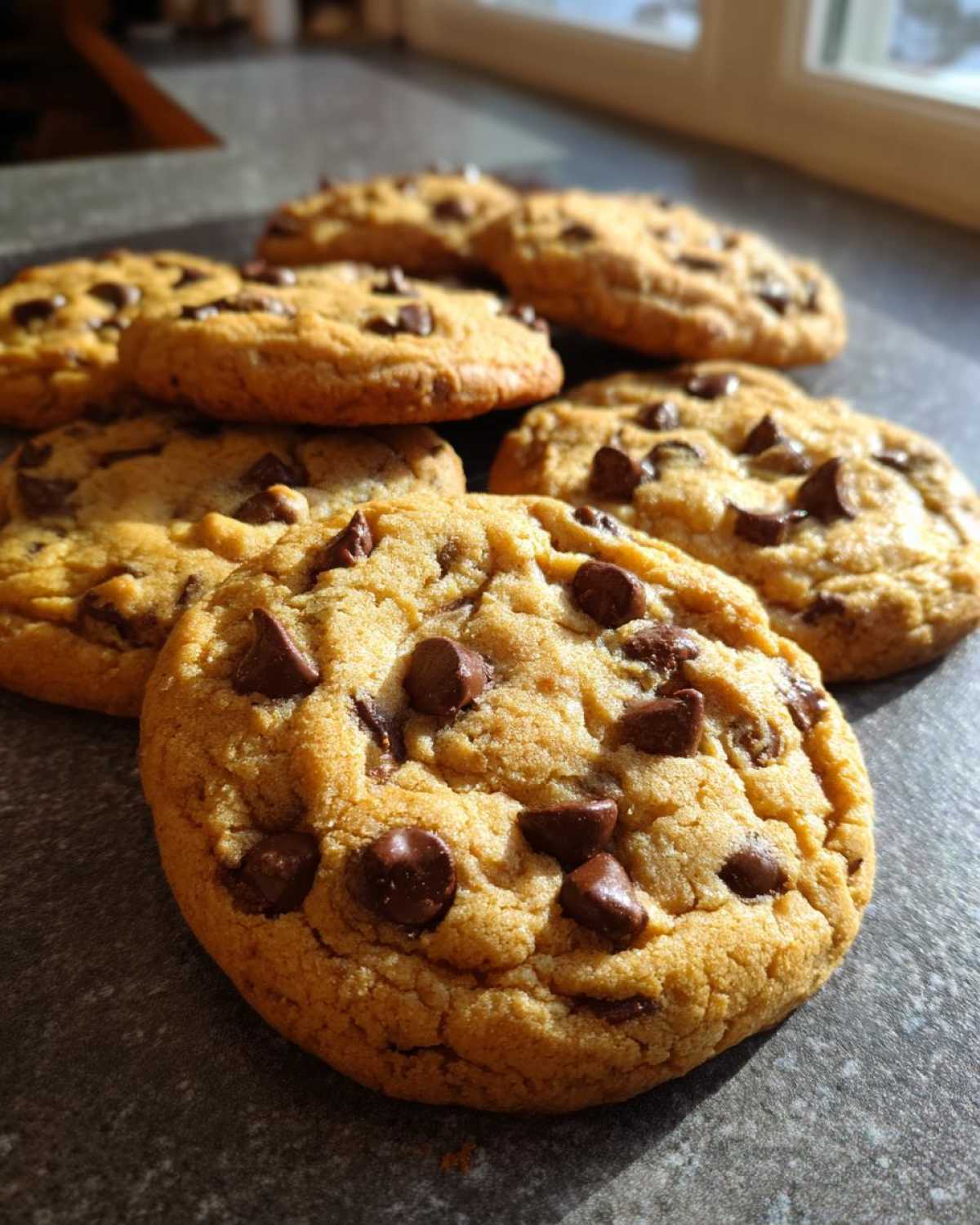 A batch of freshly baked soft chocolate chip cookies on a gray surface, ready to eat.