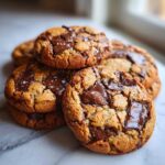 A stack of freshly baked soft chocolate chip cookies with melted chocolate chunks on a marble surface.